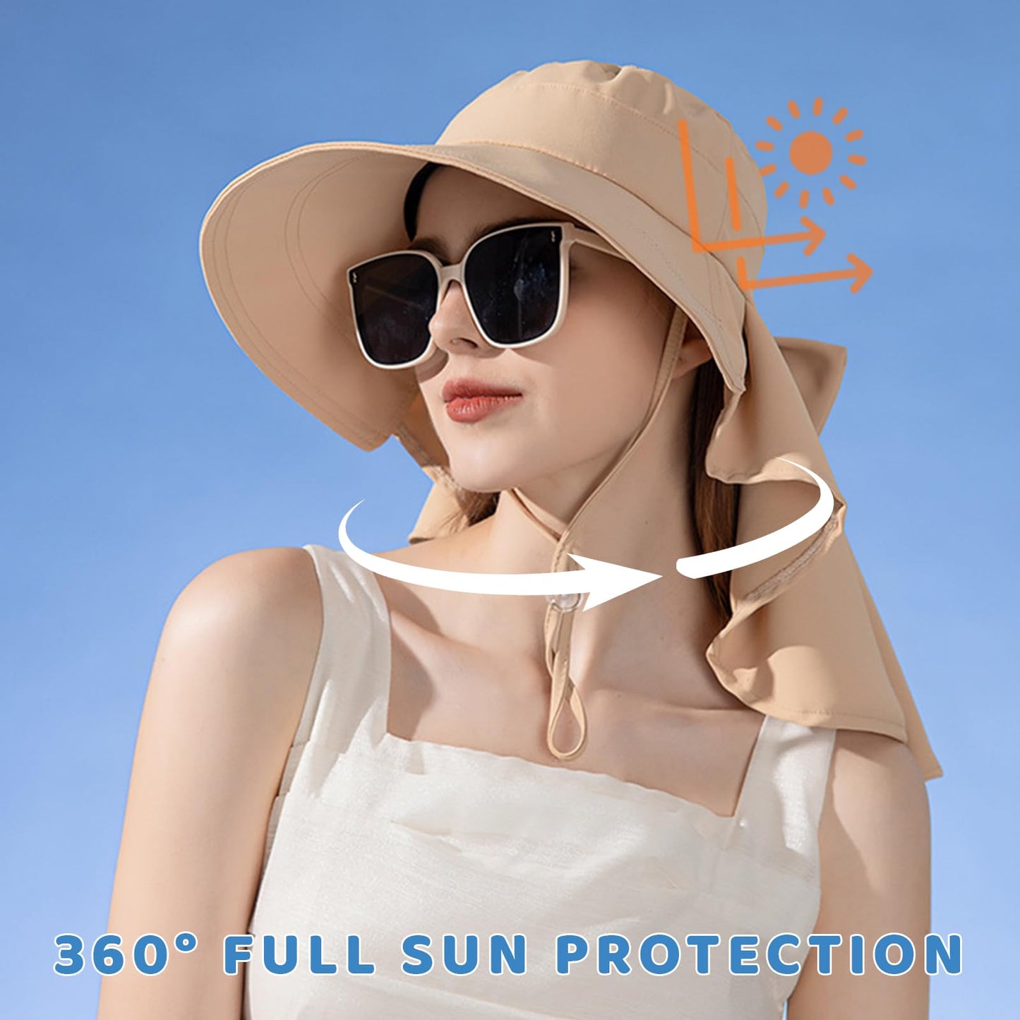 Chasenew Summer Sun Hat Neck Flap Cover UV Protection Wide Brim Fishing Hiking Hat Foldable Women Ponytail Safari Beach Outdoor Cyan