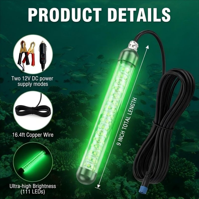 Underwater Fishing Light - 6000/9000/12000LM Waterproof Green LED for Night Fishing | 16.4ft Cord, Freshwater & Saltwater