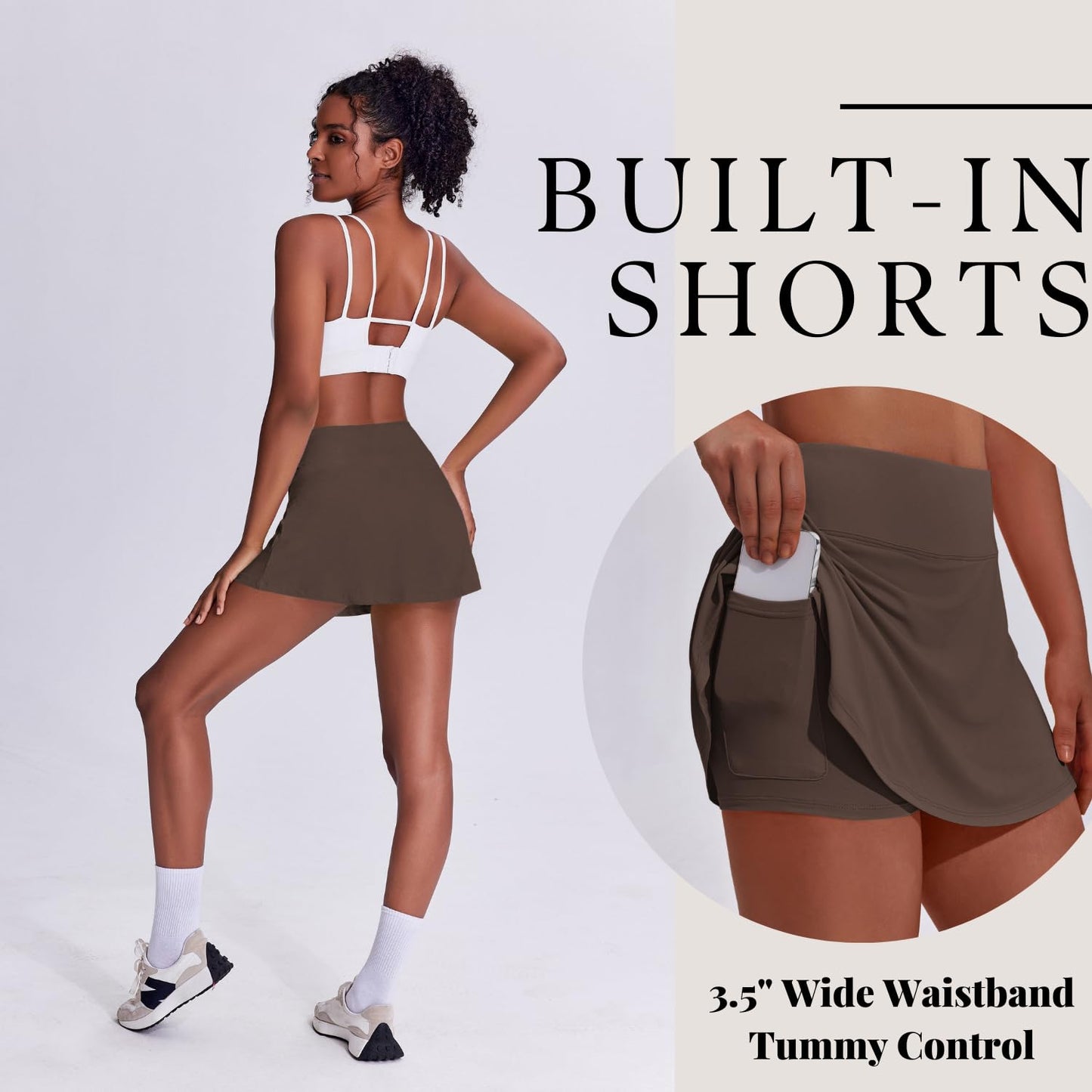 PINSPARK Tennis Skirts for Women Lightweight Golf Skirt with Pockets Stretchy Pickleball Skorts Quick Dry Athletic Skort Flowy Pleated Active Skirt, Espresso Brown Large