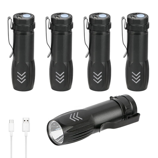 Hilngav Mini Pocket LED Flashlight 5 Pack, USB Rechargeable Super Bright Flashlights with Belt Clip - Aluminum Handheld Flashlight Bulk, Portable Camping Christmas Gifts