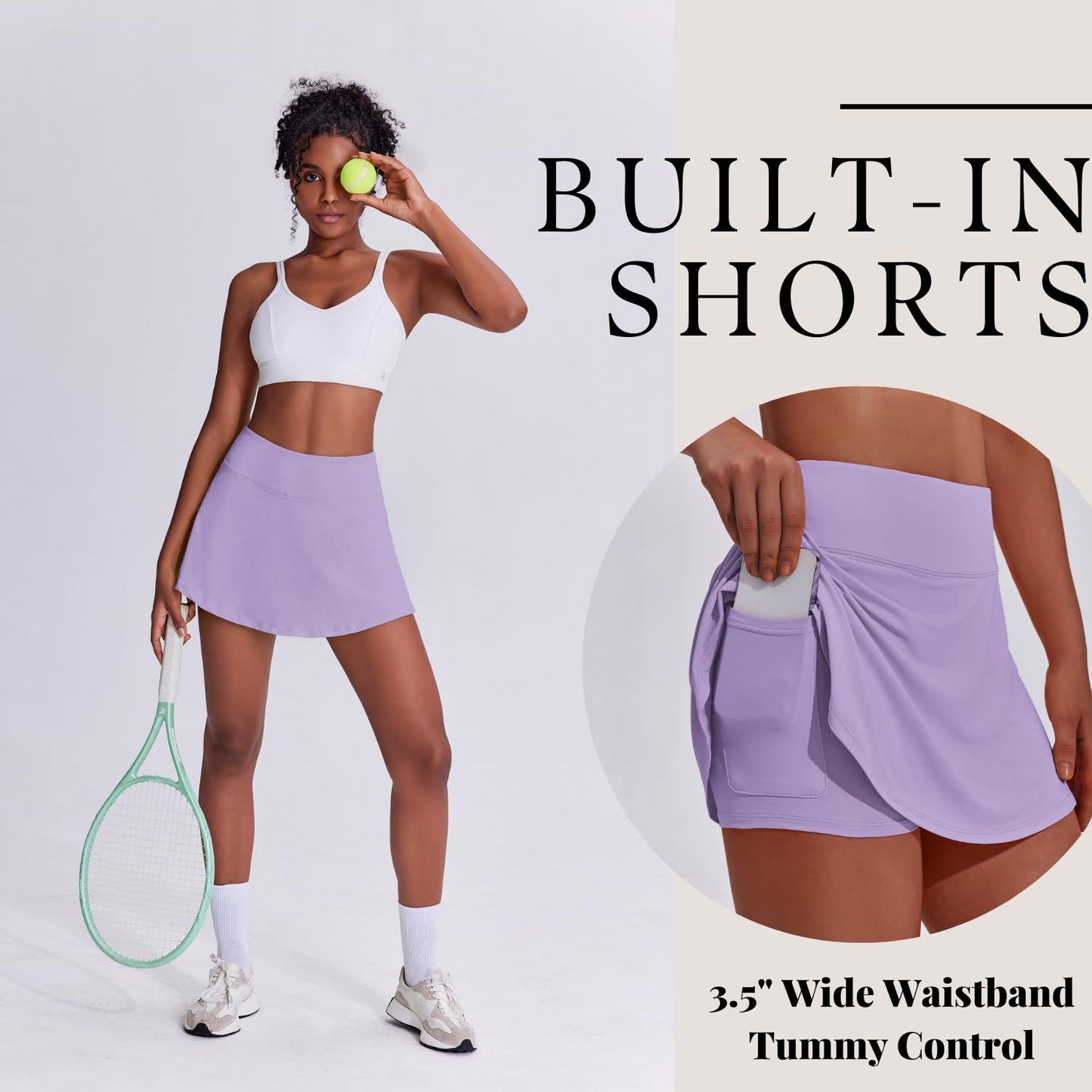 PINSPARK Skorts for Woman High Waist Tennis Skirts Pleated Athletic Skort Lightweight Workout Skirts Golf Outfits,Lilac Medium