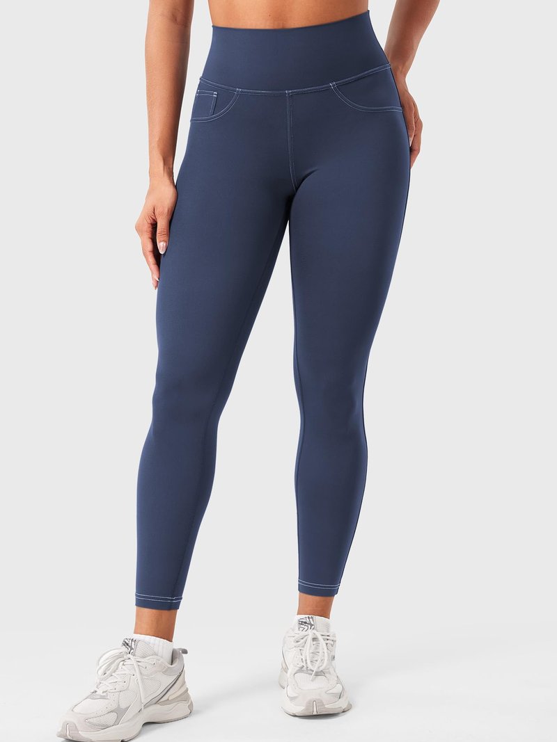 YEOREO CoreFlex Women Workout Leggings with Pockets Scrunch Butt Lifting Gym Cargo Denim-Look Yoga Pants Navy Blue M