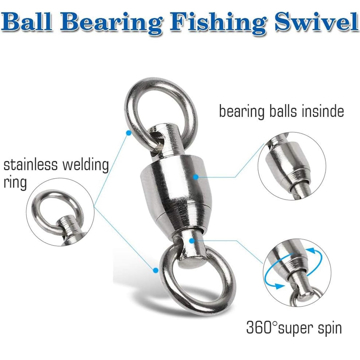 AMYSPORTS Ball Bearing Swivels Connector High Strength Stainless Steel Solid Welded Rings Barrel Swivels Saltwater Freshwater Fishing 50pcs 45lbs