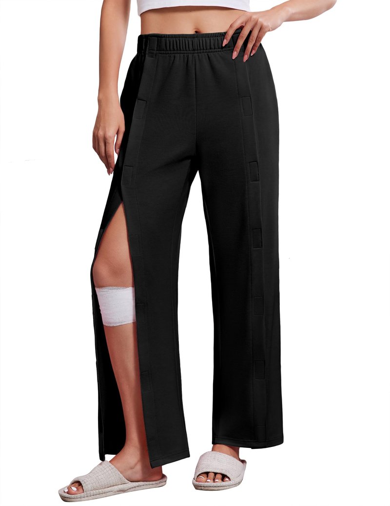 Deyeek Womens Tear Away Pants for Post Hip Surgery Recovery Snap On Pants Breakaway Surgical Zipper Sweatpants with Pockets Black