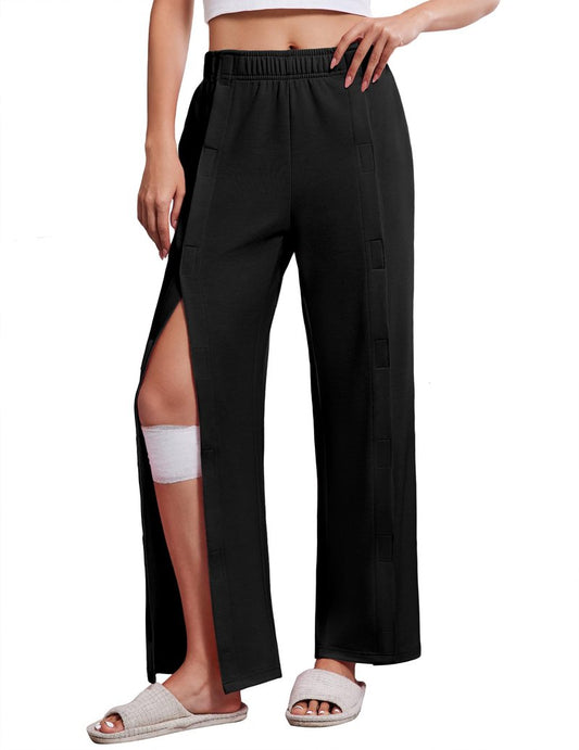 Deyeek Womens Tear Away Pants for Post Hip Surgery Recovery Snap On Pants Breakaway Surgical Zipper Sweatpants with Pockets Black