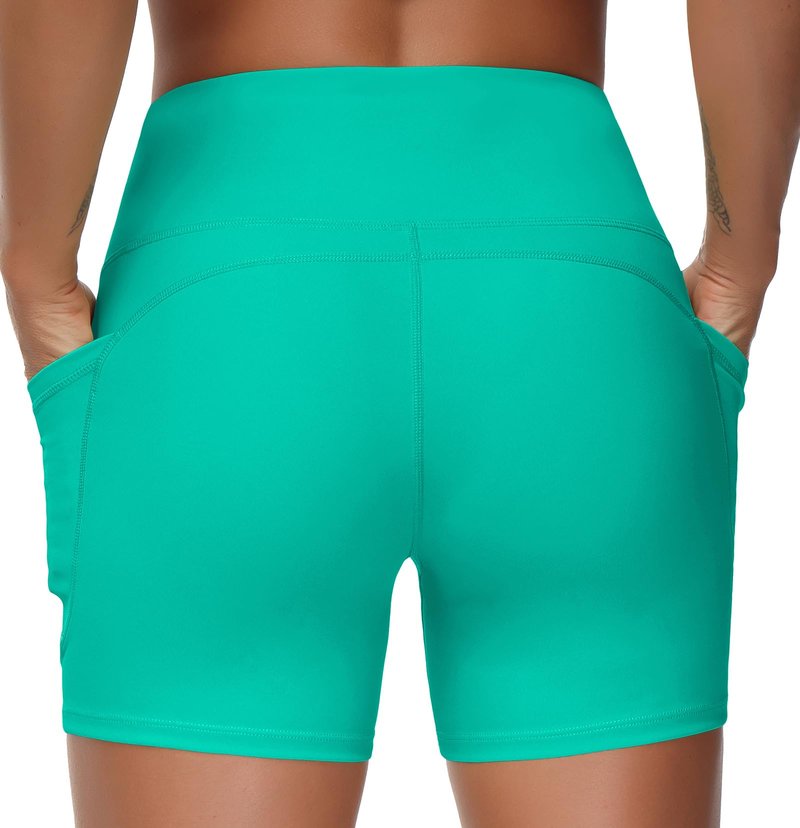 THE GYM PEOPLE High Waist Yoga Shorts for Women Tummy Control Fitness Athletic Workout Running Shorts with Deep Pockets Lake Green