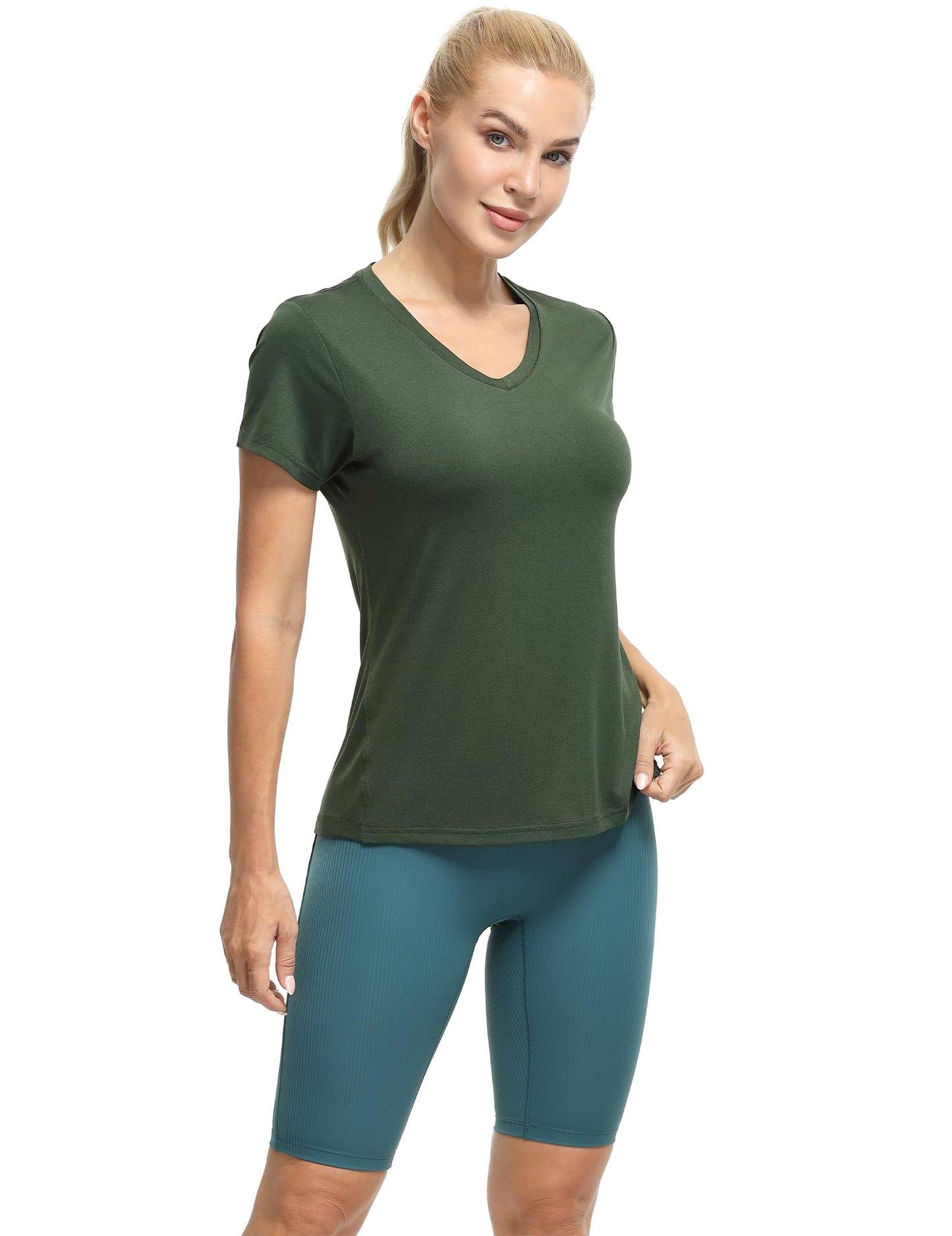 icyzone Workout Shirts Yoga Tops Activewear V-Neck T-Shirts for Women Running Fitness Sports Short Sleeve Tees (Solid Black/Pale Pink/Dark Green, XXL)