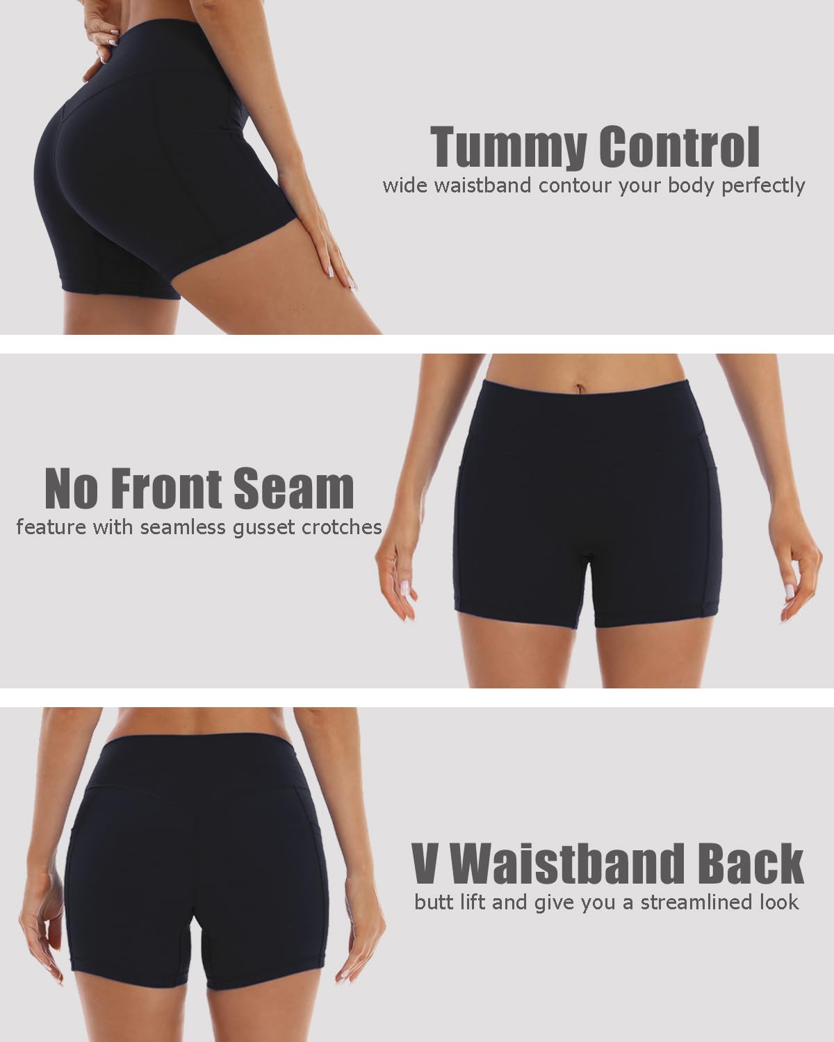 HOKOYI High Waisted Biker Shorts for Women 5'' Tummy Control Running Workout Spandex Athletic Gym Yoga Shorts with Pockets bk m Black