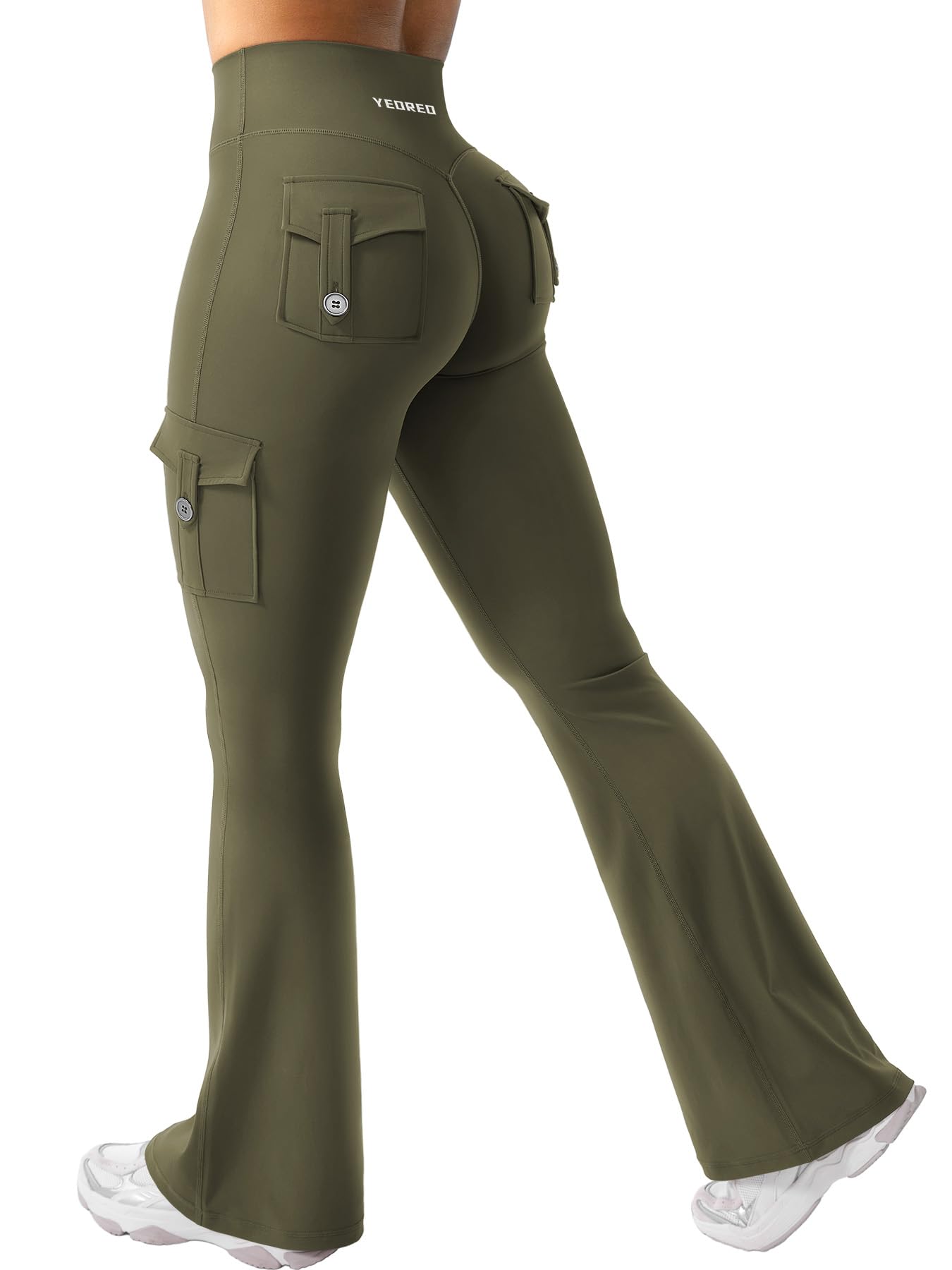 YEOREO CoreFlex Women Workout Flare Leggings with Pockets Hidden Scrunch High Waisted Cargo Gym Yoga Leggings Army Green XXL