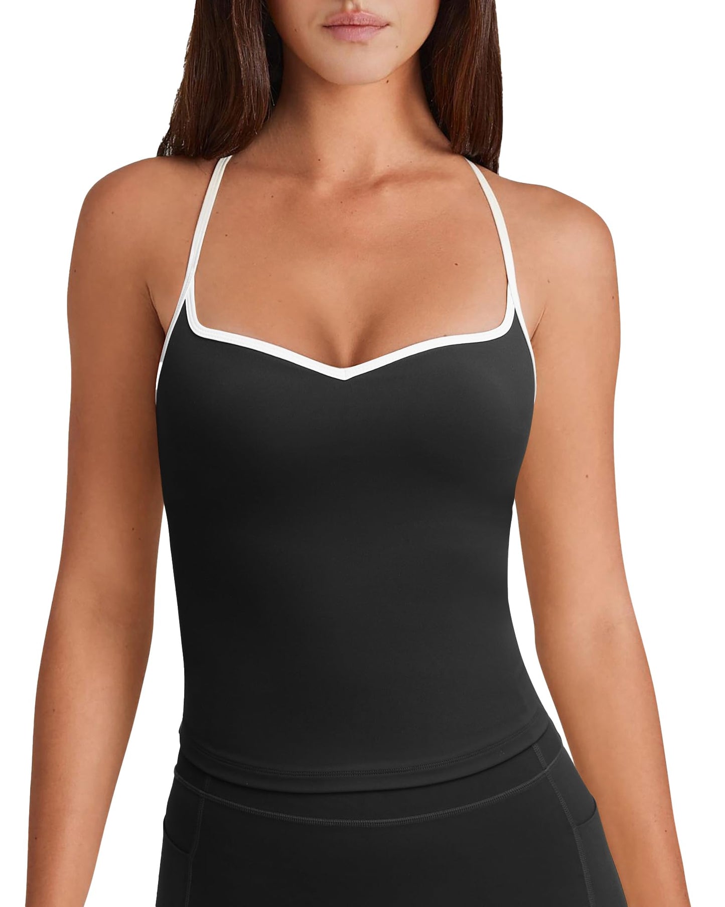 OMKAGI Sports Bras for Women Cute Sweetheart Neck Workout Tank Tops Open Back Yoga Bra Top(L, 546-Black)