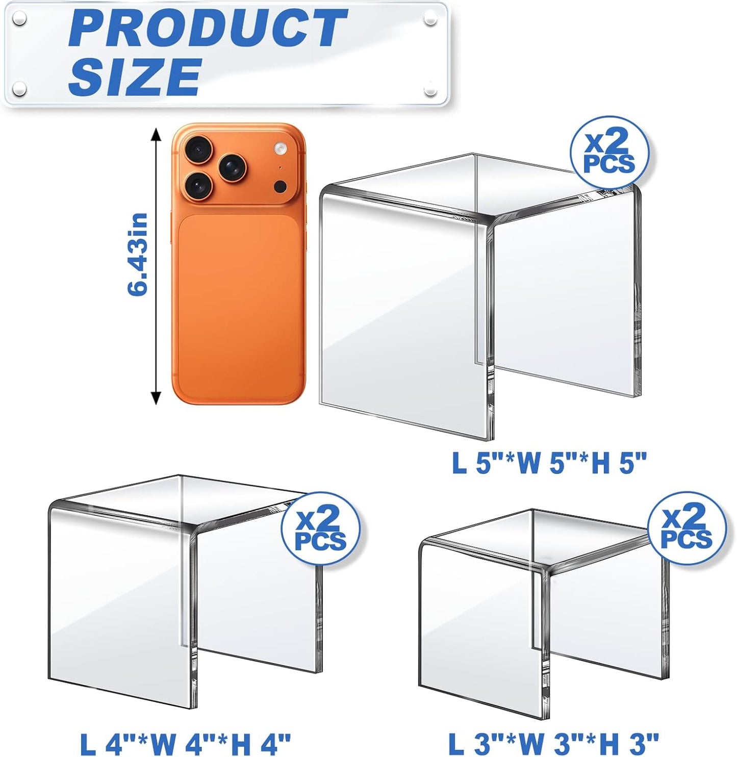 Aheroi Acrylic Display Risers - 6 Pcs Set of Square Stands for Figures & Cupcakes | 3", 4", 5" Sizes