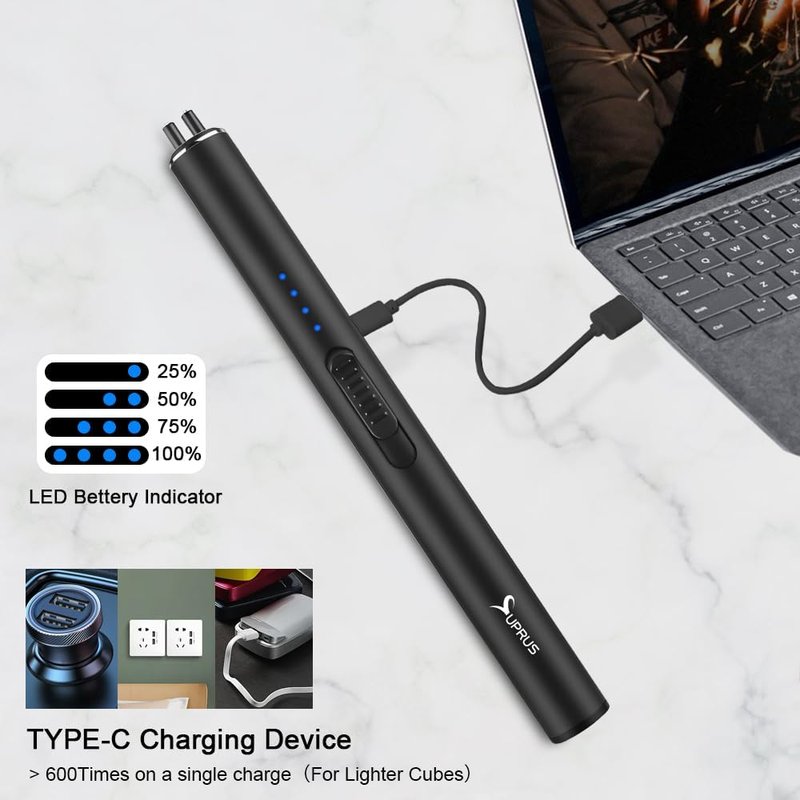 Electric Arc Windproof Flameless USB Rechargeable Lighter - Safety Lock for Candles | Black
