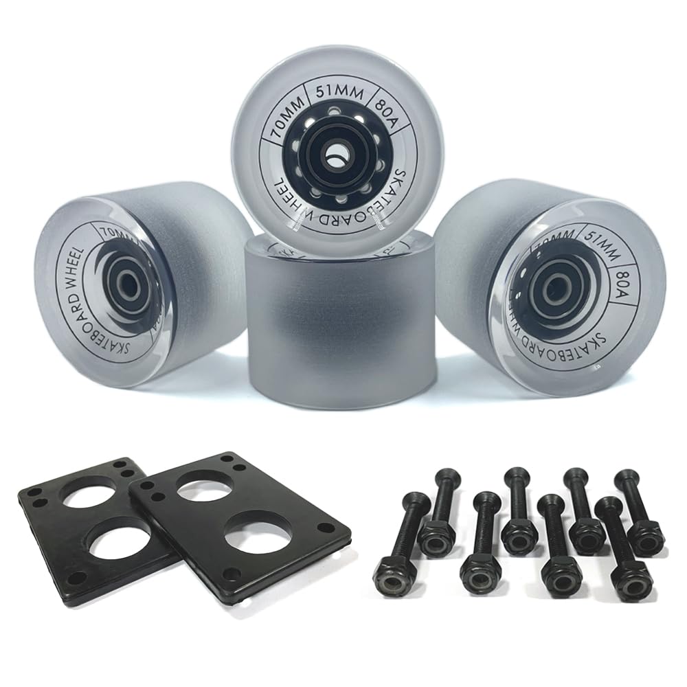 LOOEEL 70mm Longboard Wheels 80A Contains ABEC-9 Bearings and Spacers,Skateboard Riser Pads,Skateboard Hardware Screws Bolts,fit for Your Longboard Skateboards.-Transparent Frosted