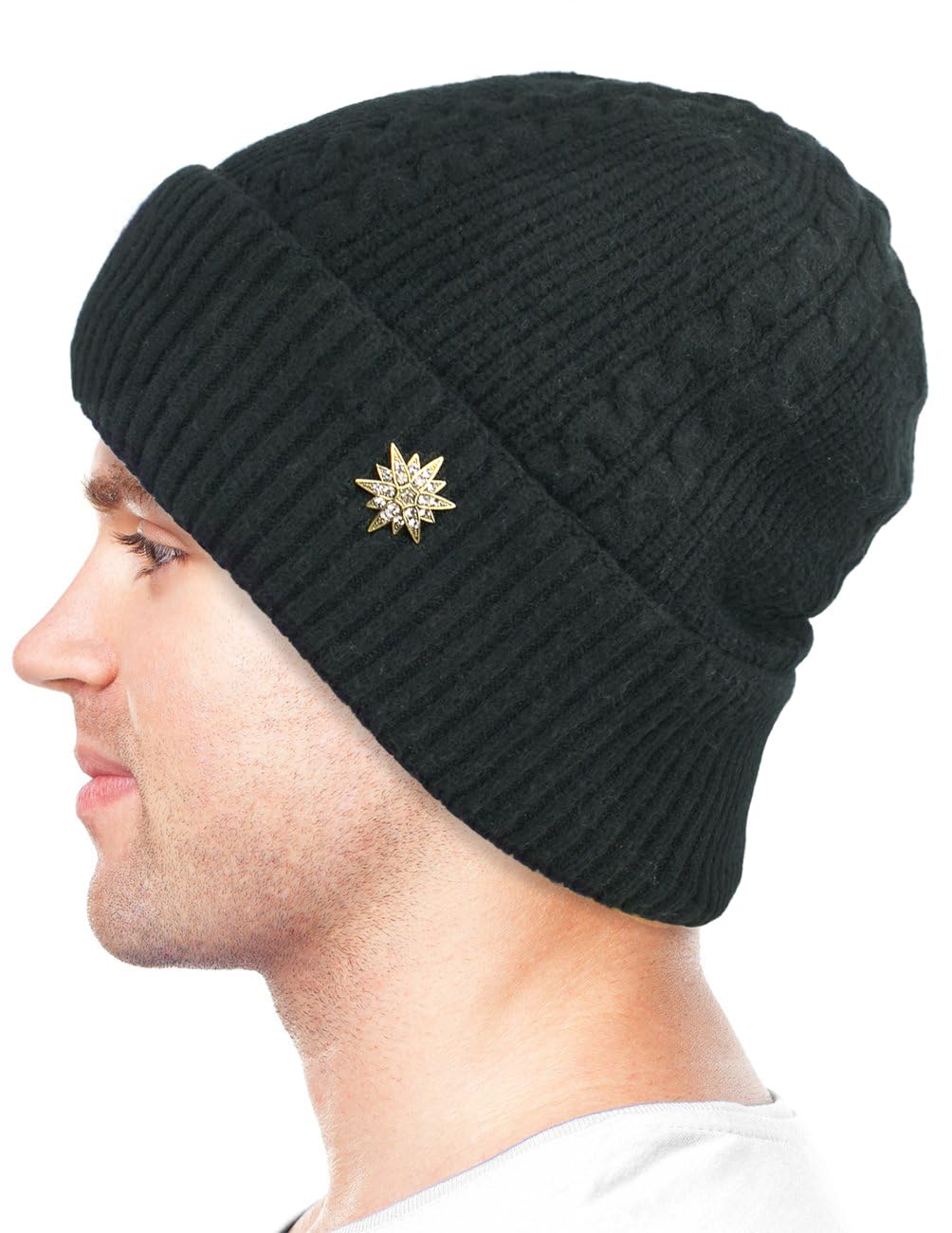 Dahlia Men's Beanies - Wool, Cable Knit Winter Hat, Fleece Lined, XL, Black