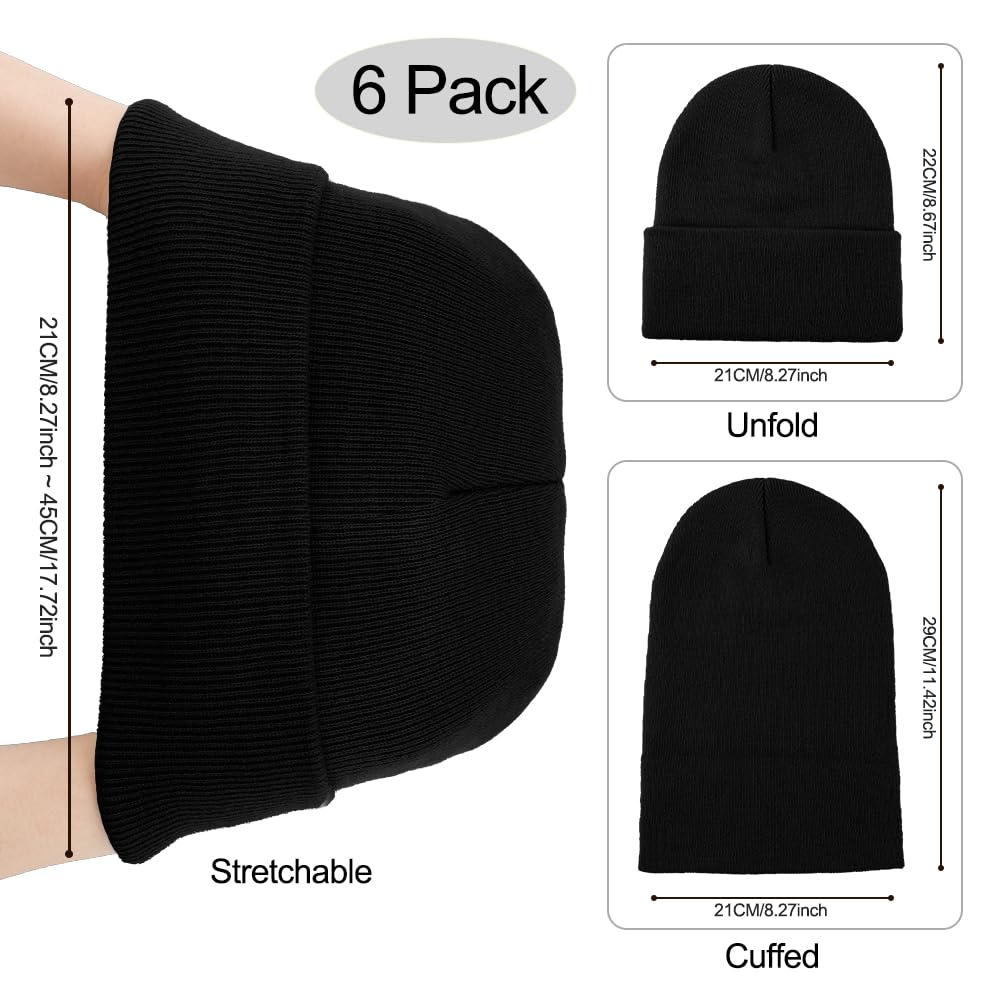 QPIXVB Black Beanie, Beanie, Black Beanie for Men, Black Beanies for Women, Winter Hats for Women, Beanie Hat, Stocking Cap, 6pcs Black Beanie Hats, Knit Hats for Women, Winter Beanies for Men