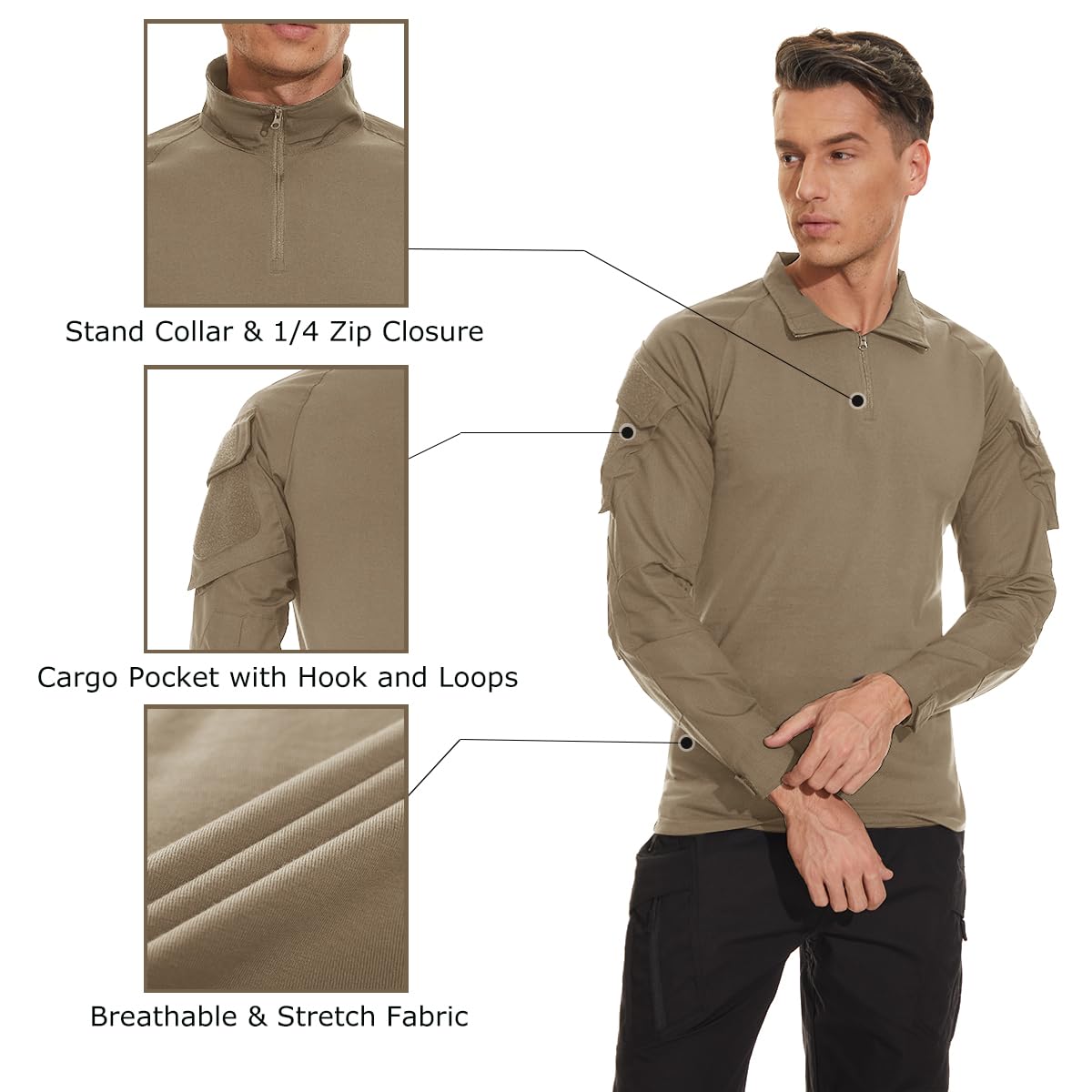 TACVASEN Men's Long Sleeve Combat Shirt Quarter Zip Military Tactical Shirts Ripstop Soft Army Combat Top Khaki S