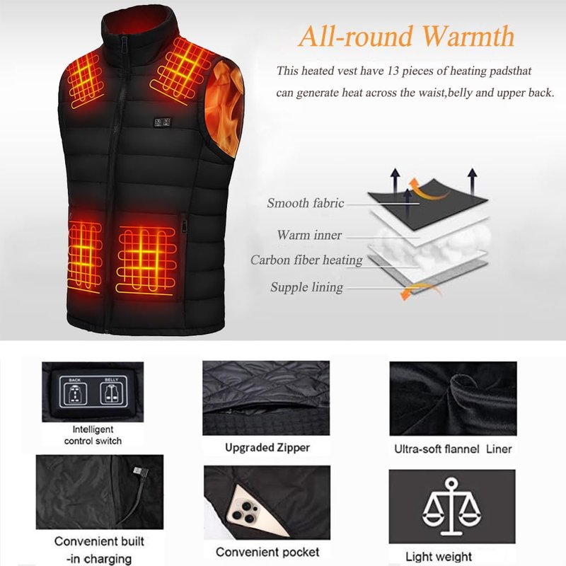 Deceny CB Heated Vest for Men Women, Heated Vest with Battery Pack Rechargeable Electric Heated Body Warmer for Outdoor(Black,XL)