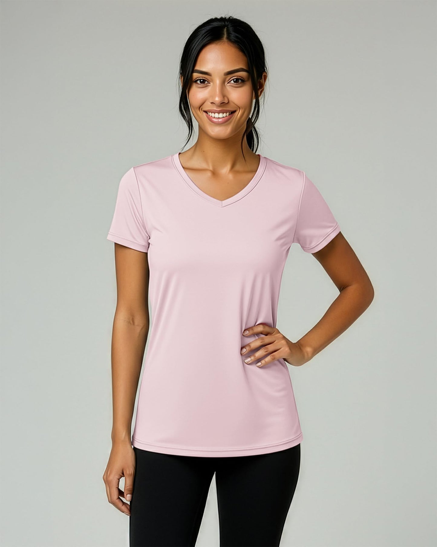 Real Essentials 5 Pack: Women's Dry-Fit Short Sleeve V Neck T Shirt Workout Fitness Yoga Top Tee (Available in Plus Size), Set 1, 1X