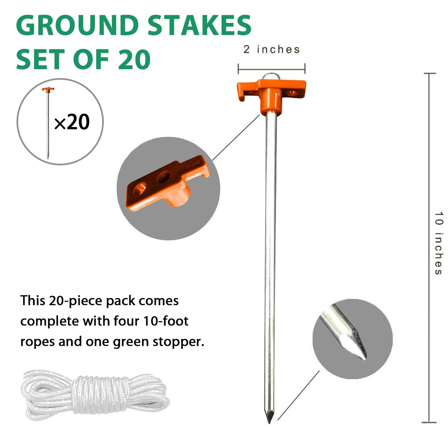 Eurmax USA 20-Pack Secure Protection Galvanized Tent Stakes,Rust-Proof Steel Canopy Anchors for High Winds,Heavy Duty Commercial Ground Pegs for Camping,Pop Up Tents&Gazebos - Includes 4x10ft Ropes