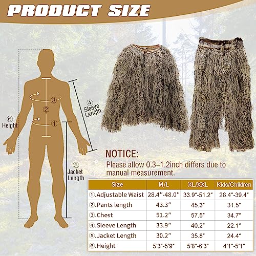 DoCred 5 in 1 Ghillie Suit, 3D Camouflage Hunting Apparel w/Jacket, Pants, Hood, Carry Bag for Adults/Youth, S/M/L/XL/XXL