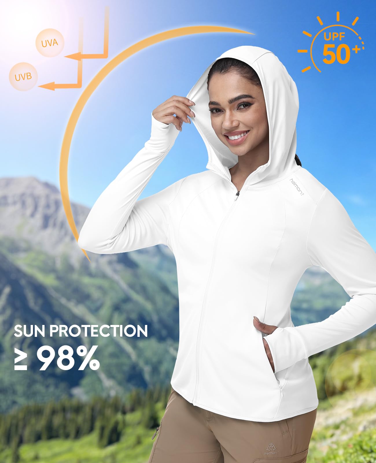 Haimont Women's Sun Protection Hoodie Jacket UPF 50+ Lightweight Long Sleeve Full Zip Sun Shirt for Hiking Fishing White M