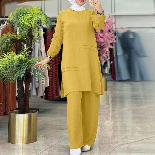 ODIZLI Women's Muslim 2 Pieces Sets Long Sleeve Top Dress and Pants Dubai Abaya Outfits Long Abaya for Women Eid Ramadan Church Prayer Dress for Islamic Arabic Dubai Modest Clothes Yellow CC 2XL