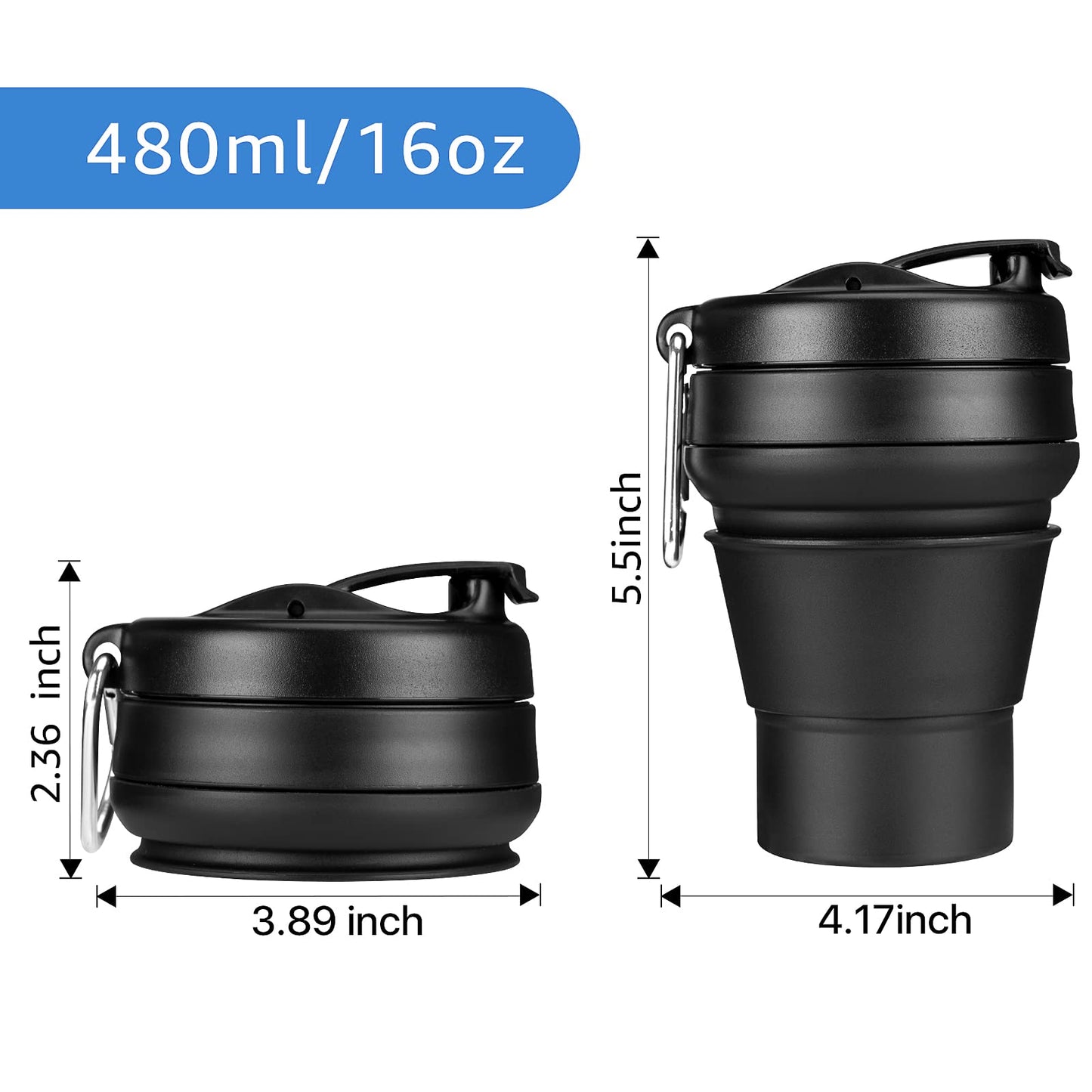 EASYXQ Collapsible Coffee Cup, 16 OZ 480ml Silicone Folding Camping Cup, Leak Proof BPA Free Portable Cup, Travel mug with Lids for hiking (Black)