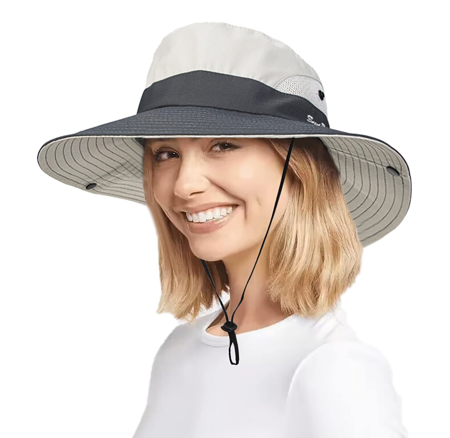 Women's Outdoor UV-Protection-Foldable Sun-Hats Mesh Wide-Brim Beach Fishing Hat with Ponytail-Hole Beige/Grey
