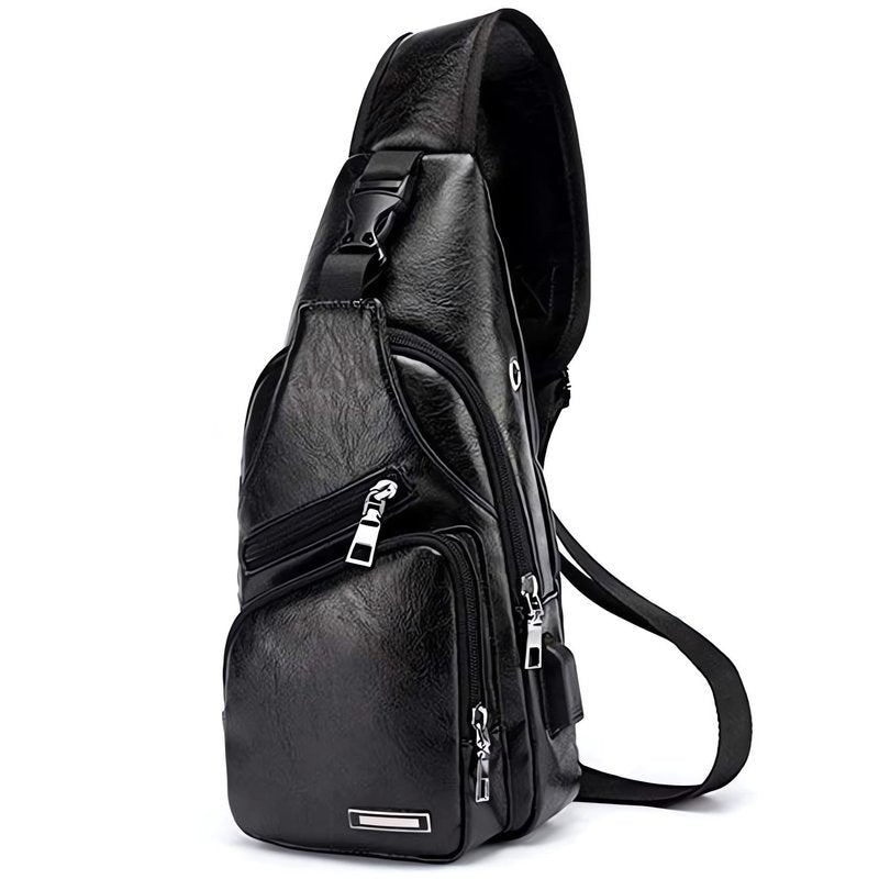 Seoky Rop Men's Leather Sling Bag Chest Crossbody Shoulder Bag with USB Charging Port Black