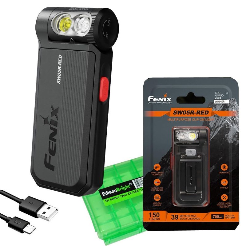 Fenix SW05R-RED Clip On Flat Body swival Flashlight with Red Light with EdisonBright Accessory case Bundle (Black)