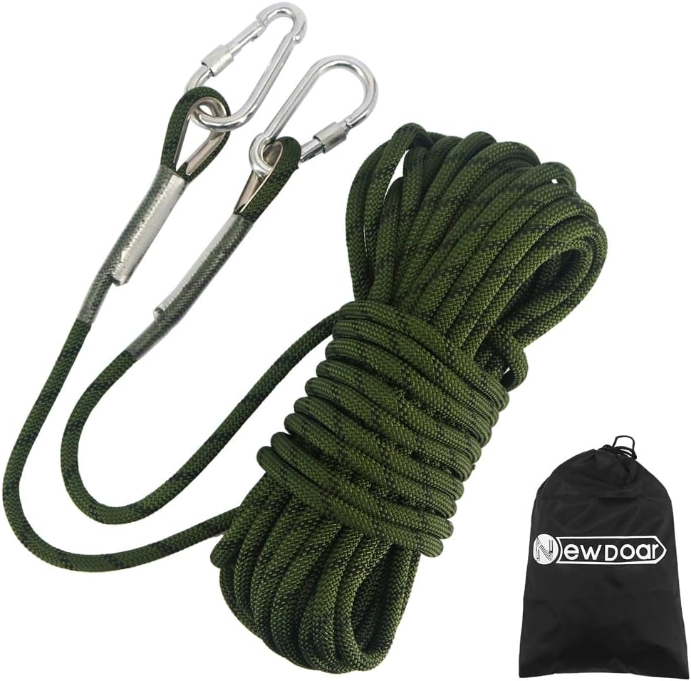 Climbing Rope 10mm | High Strength Accessory Cord with 2 Steel Hooks for Outdoor Rescue & Rappelling - Army Green