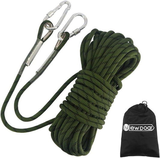 Climbing Rope 10mm | High Strength Accessory Cord with 2 Steel Hooks for Outdoor Rescue & Rappelling - Army Green