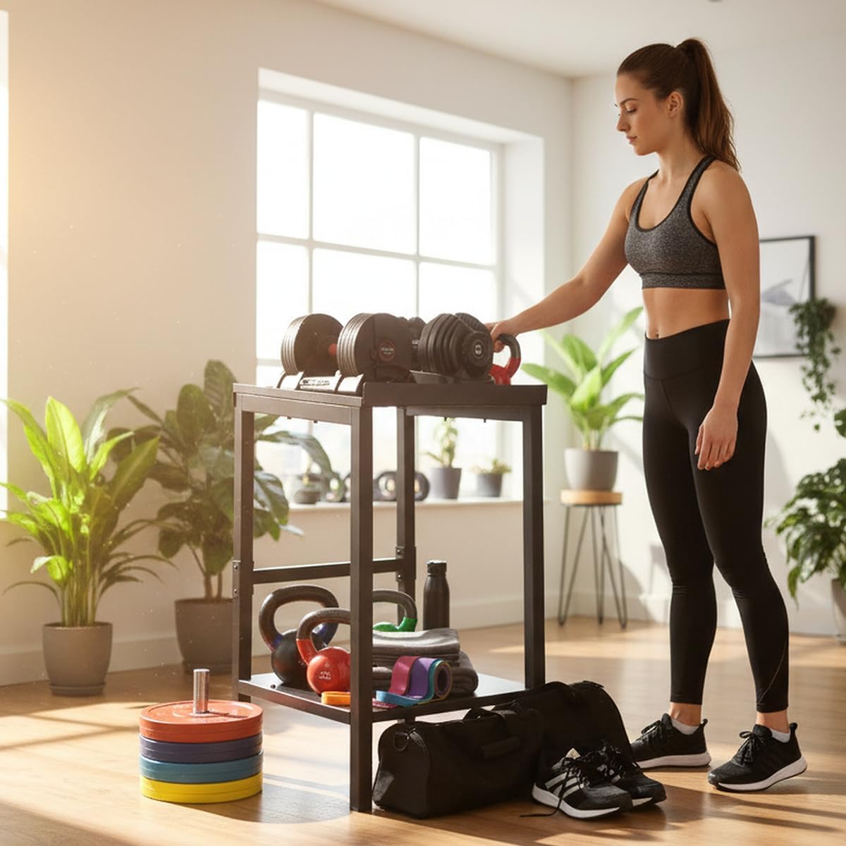 OGODU Black Heavy Duty Adjustable Dumbbell Stand - Home Gym Storage Rack with Non-Slip Base, Anti-Tip Safety & Space-Saving Design