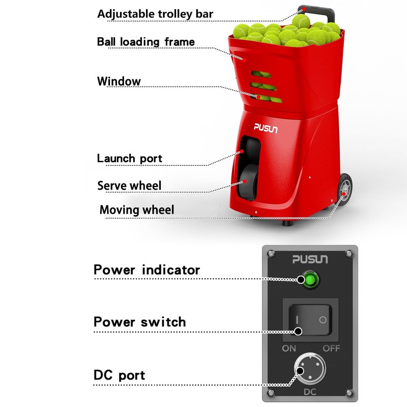 PUSUN PT-SAMRT-Professional Tennis Ball Machine with App Control - 100+ Ball Capacity - 12 Training Modes - 4-6 Hours Battery Life (Red)