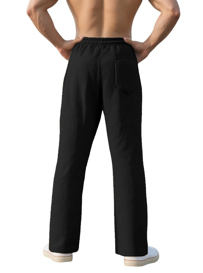 Quskc Men's Baggy Sweatpants Straight Leg Open Bottom Corduroy Pants Casual Drawstring Waist Joggers with Pockets Black