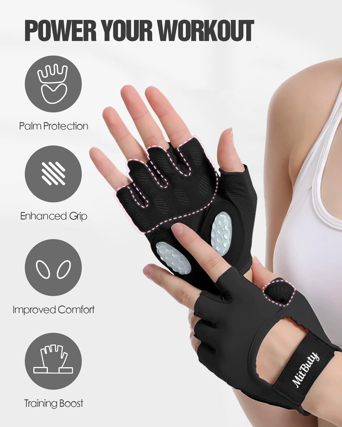 MitButy Workout Gloves for Men & Women – Fingerless Gym Gloves for Weight Lifting, Crossfit, Fitness, Exercise & Training with Silicone Grip Dots for Secure Hold & Palm Padding Protection