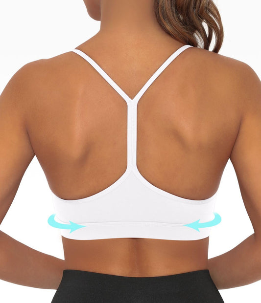 Comper Y Back Sports Bra for Women Low Impact Racerback Workout Bras Sexy Spaghetti Thin Straps Yoga Bras with Removable Pads(White-S)