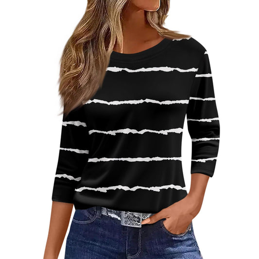 Generic Summer Tops for Women 2024 3/4 Length Sleeve Casual Cosy T-Shirts Round Neck Three Quarter Sleeve Print Trendy Cute Blouse, Large, 05-black