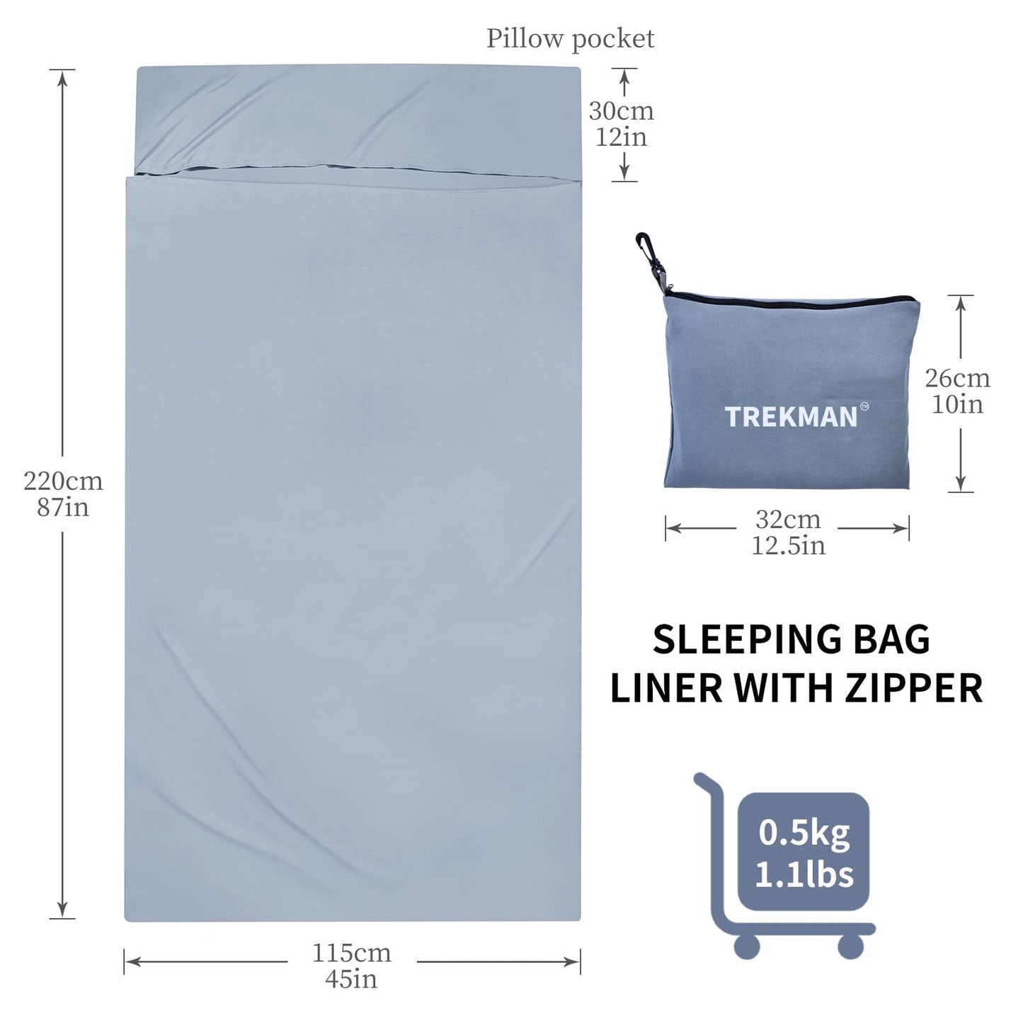 TREKMAN Sleeping Bag Liner for Adults Teens - ‎Extra Wide 87" x 45", Single Ultralight Hotel Sleeping Sack & Traveling Sheets for Camping, Backpacking - Lightweight Comfortable Sleep Liners