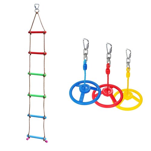 Rainbow Craft 6.6FT Climbing Rope Ladder&3-Pack Ninja Wheel Obstacle for Kids