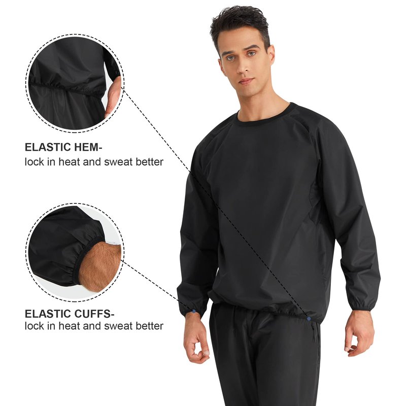 MOLUTAN Sauna Suit for Men and Women, Sweat Suit Gym Workout Weight Loss Slim Fitness Top Pants Clothes, Black (Black Tops, Small)