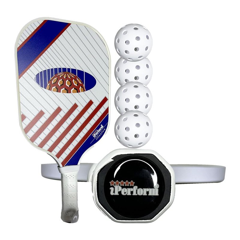 Pickleball Paddle Set Two Fiberglass Paddles & 4 White Balls with Black Bag Illusion by iPerform Brand (2 Paddles w/4 White Balls, Standard)