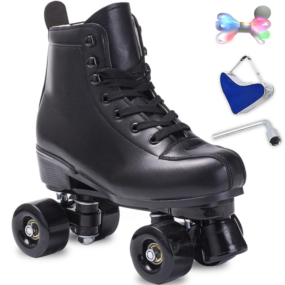 SCNUT Roller Skates Women Men High-Top PU Leather Roller Skate Classic Double-Row Roller Skates Outdoor Indoor Quad-Skates with Light up Shoe Laces (Black Wheel, 46-Women's 12 / Men's 11)
