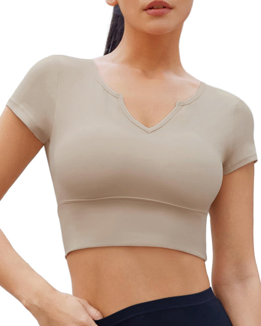 As Fairy Women Short Sleeve Workout Tops Padded Crop Tops Vneck Compression Fitted Cropped Sports Bra Top Fitness T-Shirt Basic Tight Athletic Gym Tee Kakhi