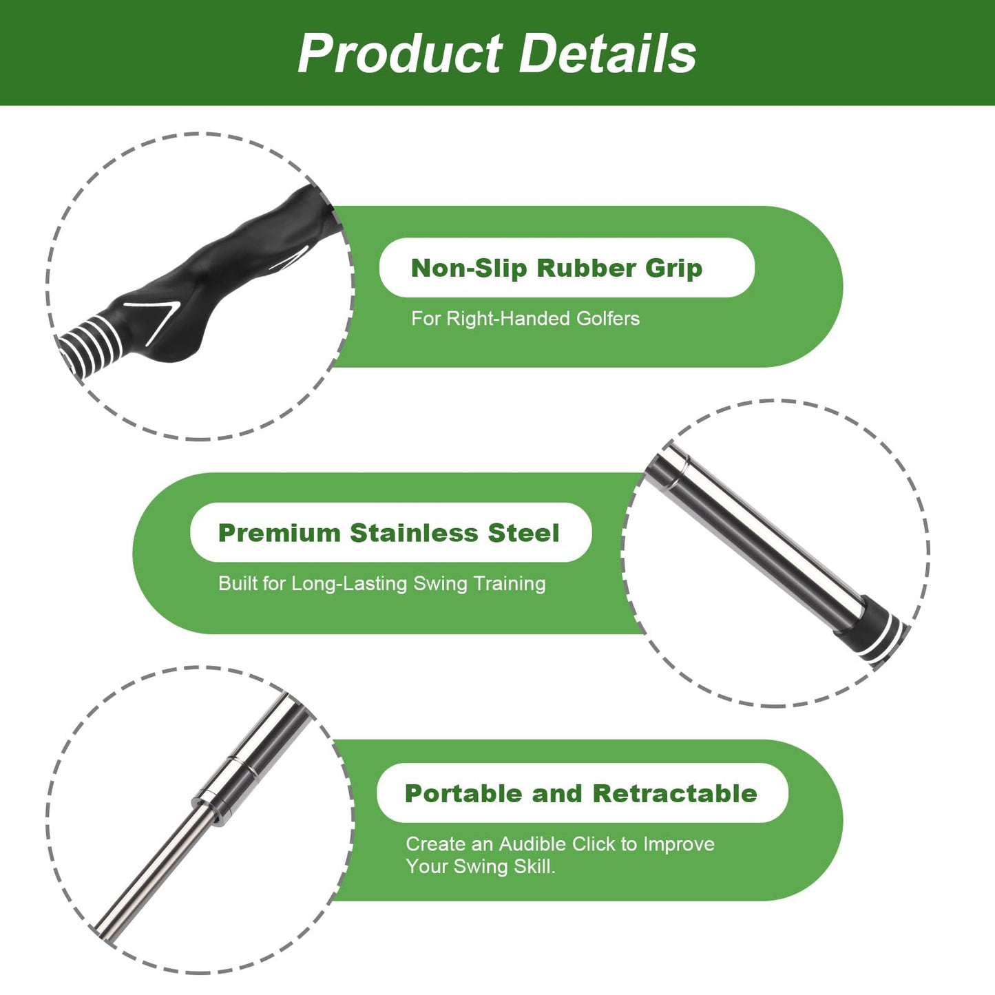Gruyxen Retractable Golf Swing Trainer with Click Sound & Posture Correction Arm Band, Golf Grip Trainer for Right-Handed, Indoor & Outdoor Training Aid for Beginners to Pros
