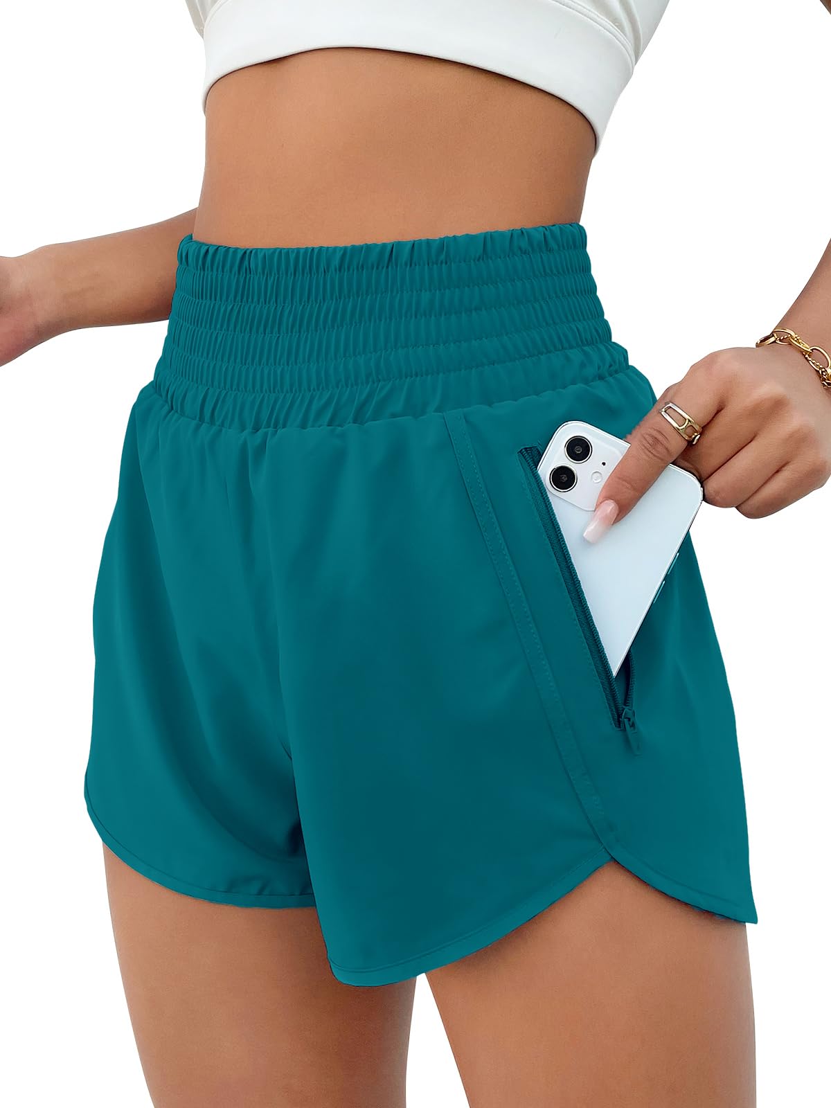BMJL Women's Athletic Shorts High Waisted Running Short Pocket 2.5" Sporty Shorts Gym Elastic Workout Shorts(M,Blue Green)
