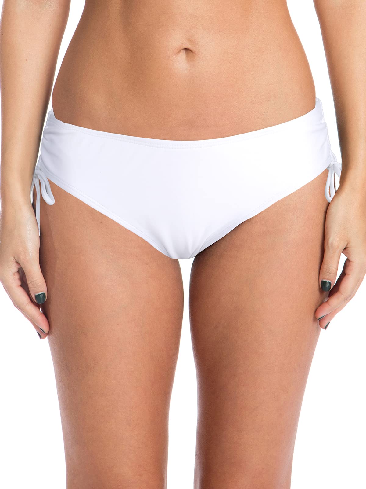 Colloyes Women's Drawstring Bikini Bottoms Full Coverage Low Waisted Swim Bottom White Size Small