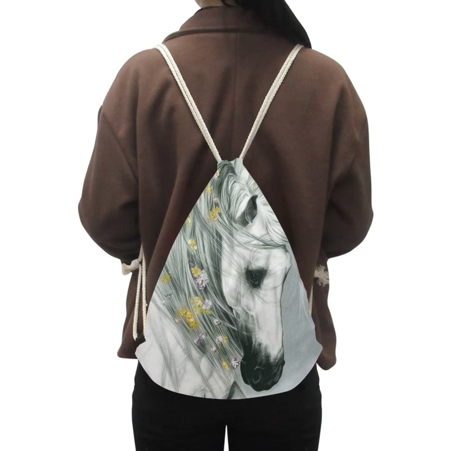 COEQINE Teen Kids Drawstring Backpack Sports Sackpack Print Grey Horse Flower Yellow,Casual Bag Capacity Daypack Gym Drawstring Gift Bags