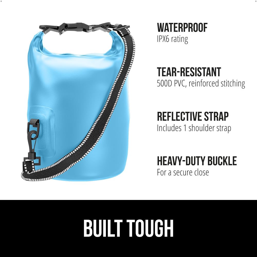 Gorilla Gear Heavy Duty 100% Waterproof IPX 6 Dry Bag, Tear and Puncture Resistant Bags, Kayaking Boating Hiking Camping Swimming Water Sports, Lightweight Outdoor Wet Storage Backpack, 5L Light Blue