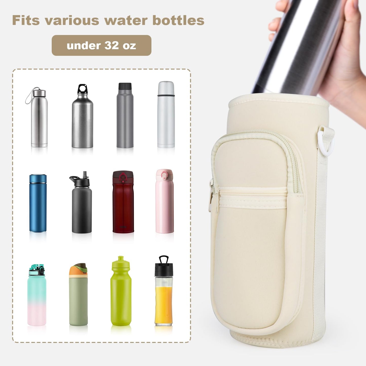 Bstge Water Bottle Holder with Strap, Water Bottle Carrier Bag with Phone Pocket, Shoulder Hand Strap Insulated Neoprene 32 oz Water Bottle Sleeve for Walking Hiking Camping Gym(white)